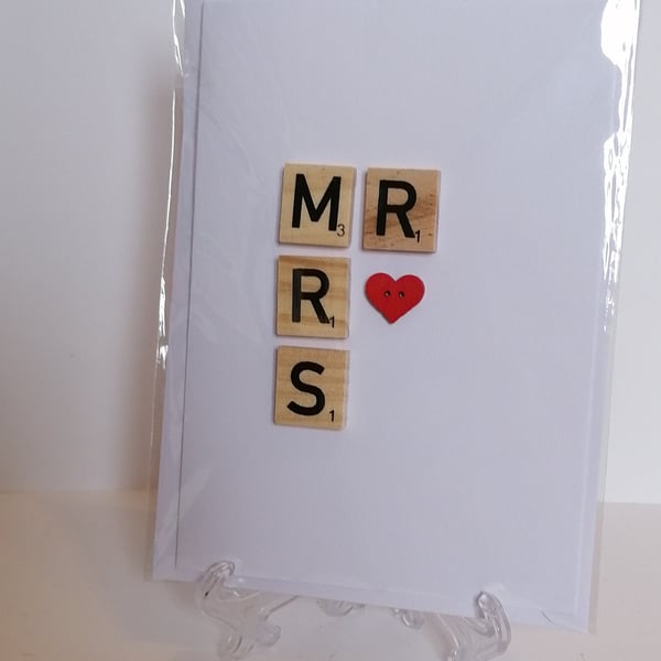 Mr and Mrs Wedding Scrabble and button handmade greetings card 