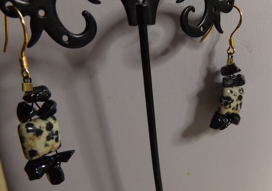 Dalmation Jasper and black onyx gold plated on 925 sterling silver earrings