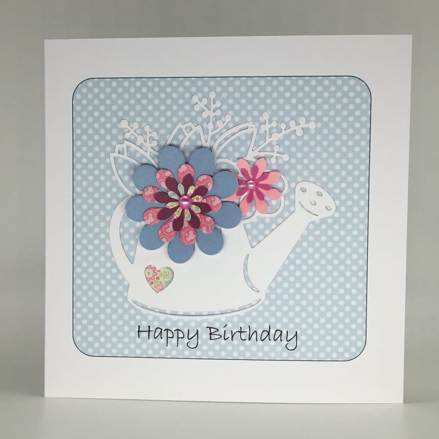 Watering can birthday card - pink and blue