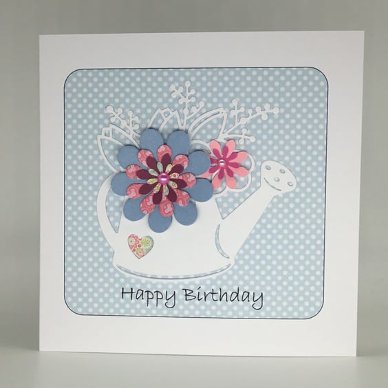 Watering can birthday card - pink and blue