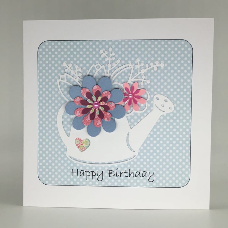 Watering can birthday card - pink and blue
