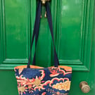 Lined shoulder bag, Bird & butterfly design in blue, orange and yellow