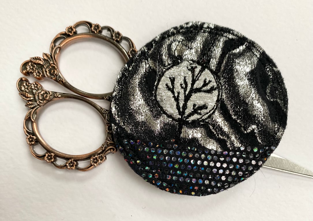 Up-cycled full moon and tree brooch pin or badge. 