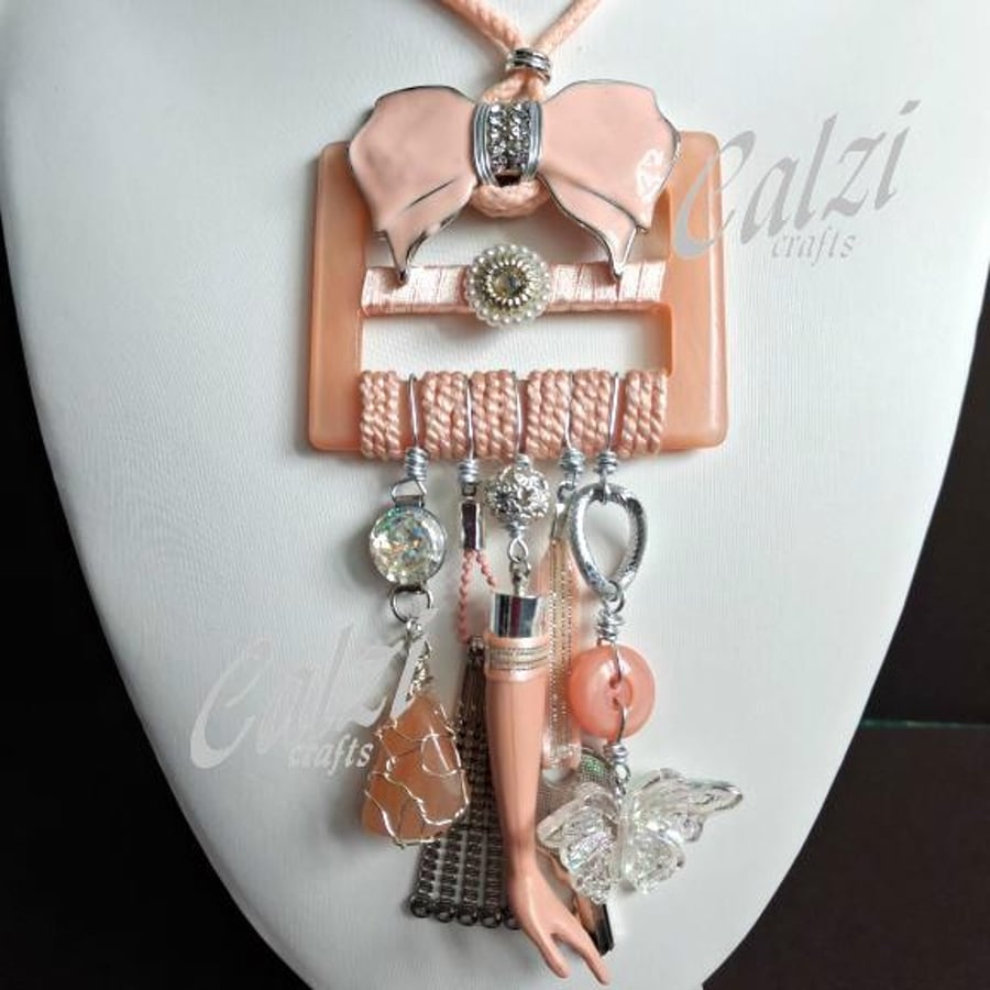 Upcycled Vintage Peach Buckle  Charm Necklace