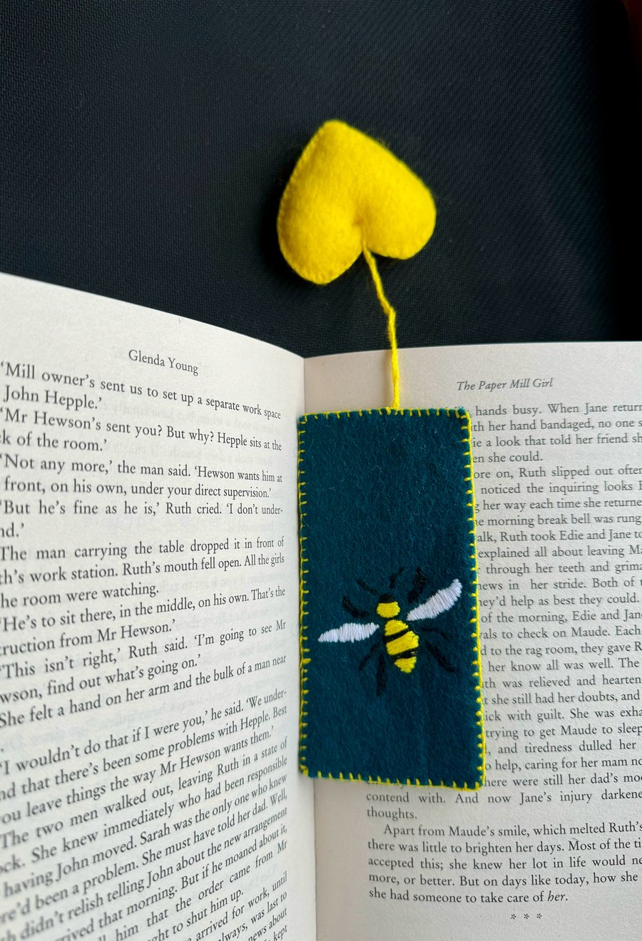 Bee wool felt hand embroidered heart tassel bookmark  gift for booklover readers