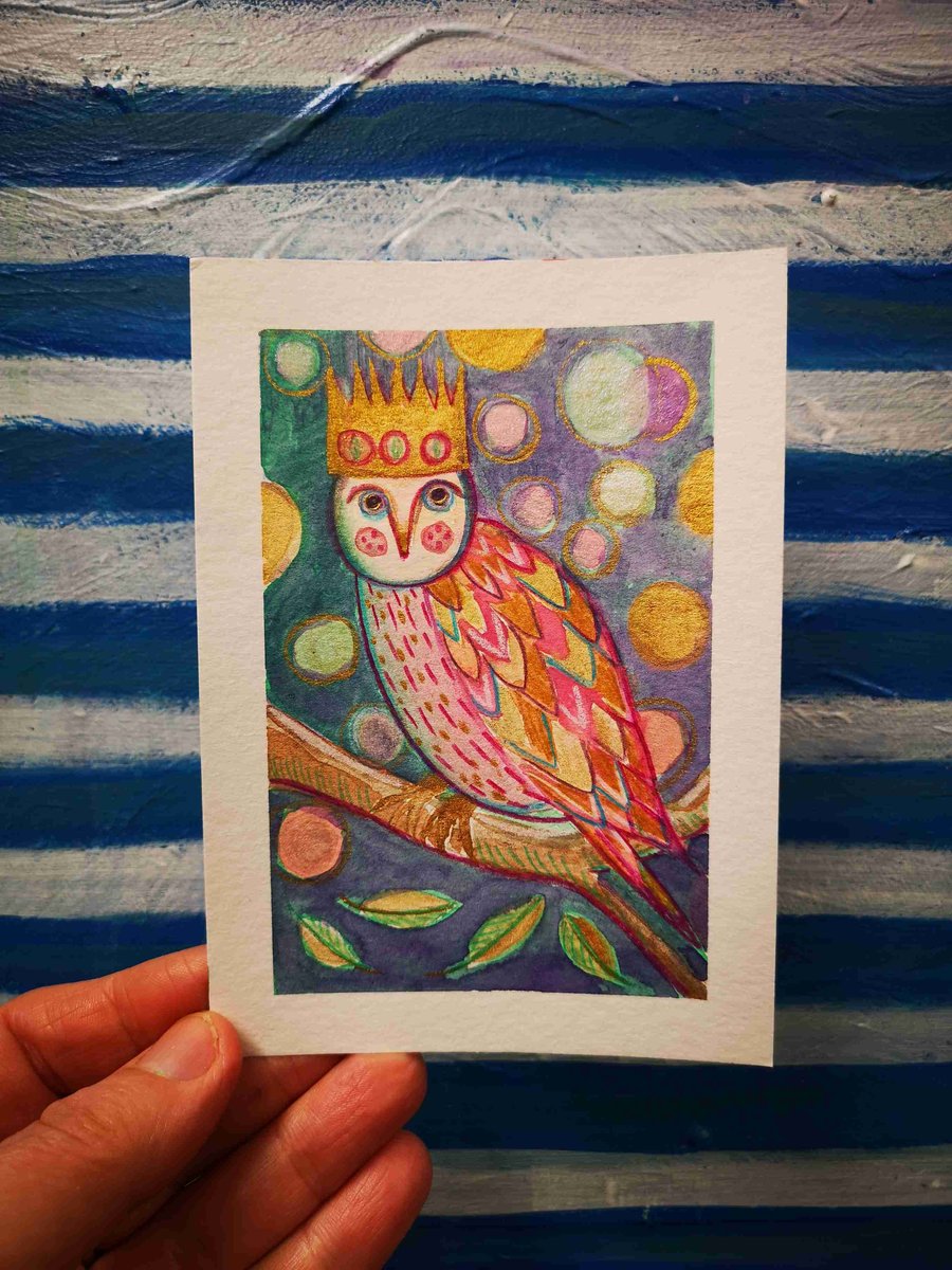 Crowned Owl original watercolour illustration 