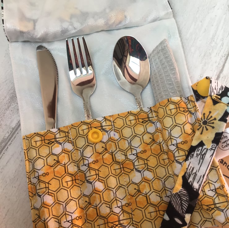 Travel cutlery roll with cutlery Bee hive design Folksy