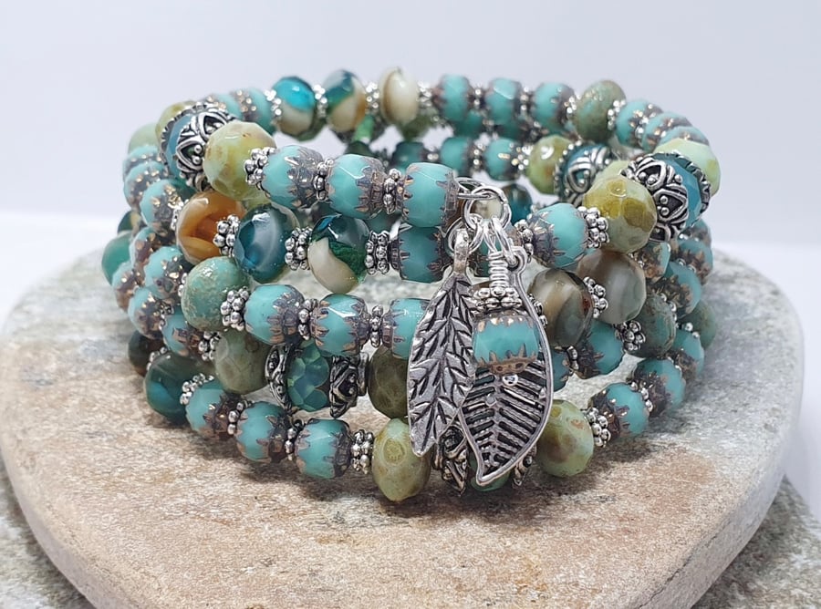 Chunky beaded statement wrap around bracelet in blue tones