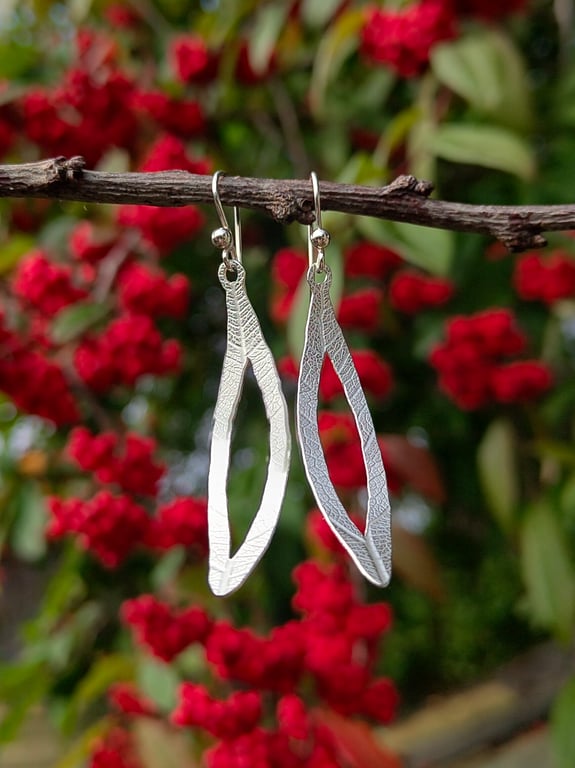 Large Sterling Silver Leaf Print Earrings on Hook Wires