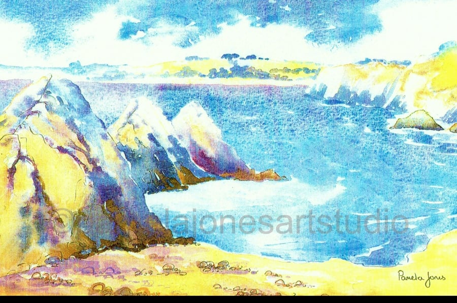 Three Cliffs Bay, Gower, Watercolour Print in 8 x 6 '' Mount