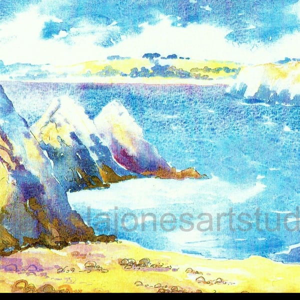 Three Cliffs Bay, Gower, Watercolour Print in 8 x 6 '' Mount