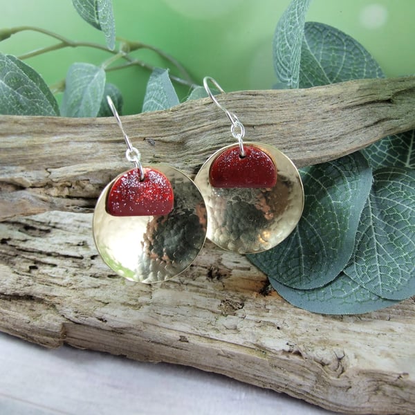 Earrings, Disc Droppers. Sterling Silver & Brass with Red Enamel Accent