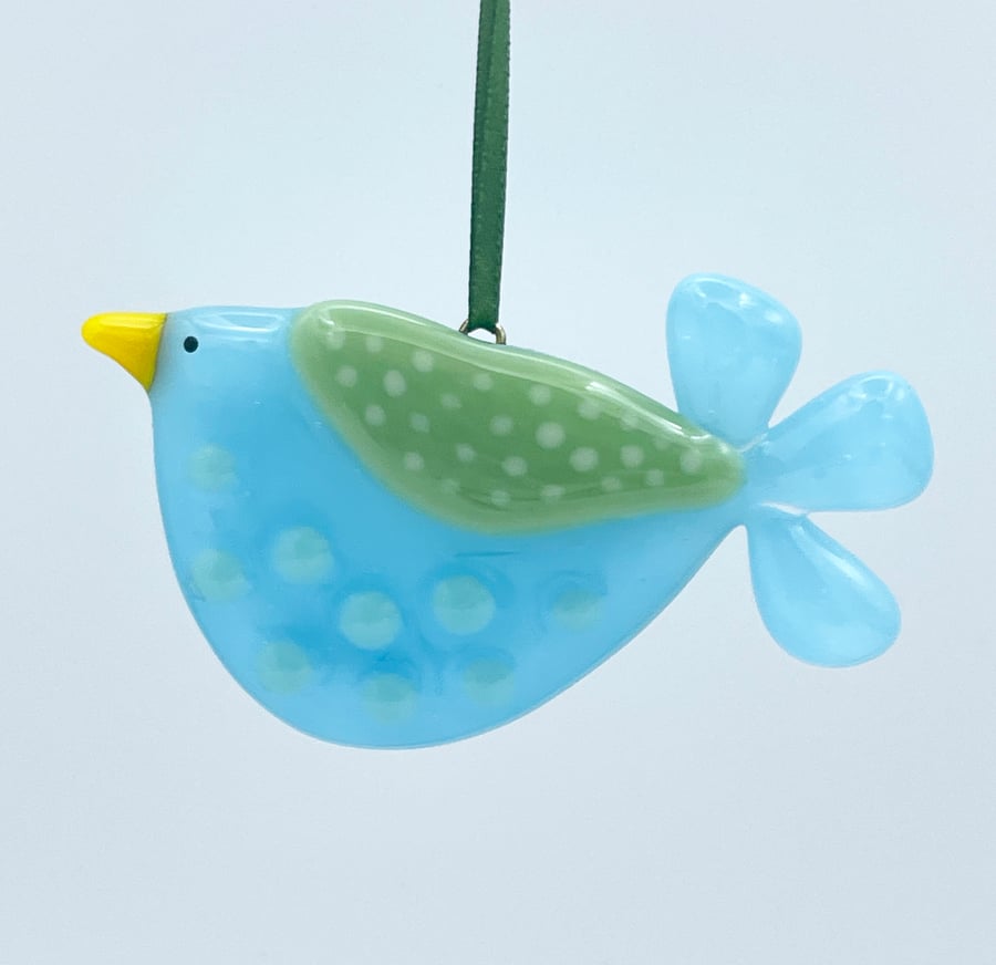 Turquoise Spotty Fused Glass Bird Decoration