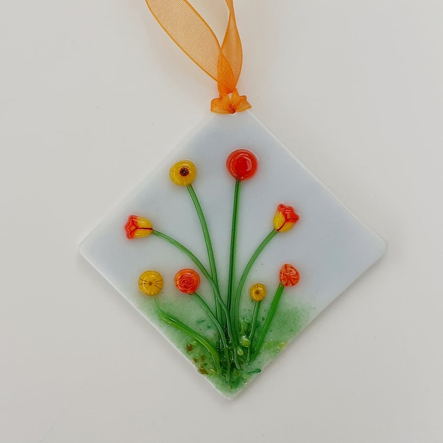 Fused glass mini hanging decoration, orange and yellow flowers
