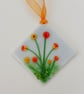 Fused glass mini hanging decoration, orange and yellow flowers