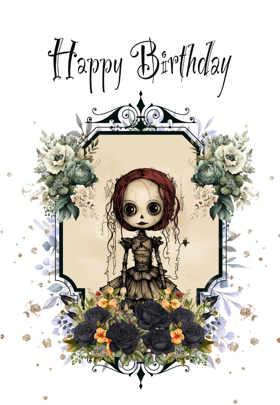 Goth Birthday Card, Gothic Doll Greeting Card, Alternative Birthday Greetings
