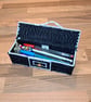 Pencil case with lid and gold button closure - black and grey with white edging - Image 4