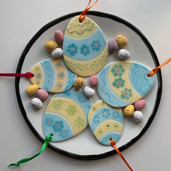 Small Easter Egg Porcelain Hanging Decoration - Blues & Yellow