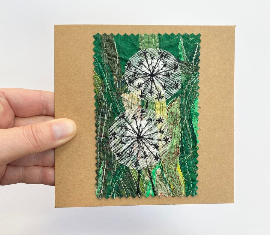 Up-cycled embroidered dandelion clock garden card. 