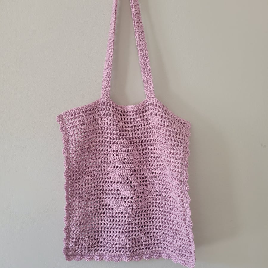 Hand–Crocheted Net Tote Bag with Rose Motif