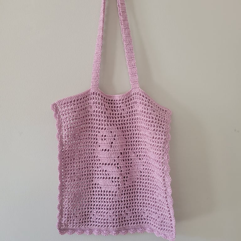Hand–Crocheted Net Tote Bag with Rose Motif