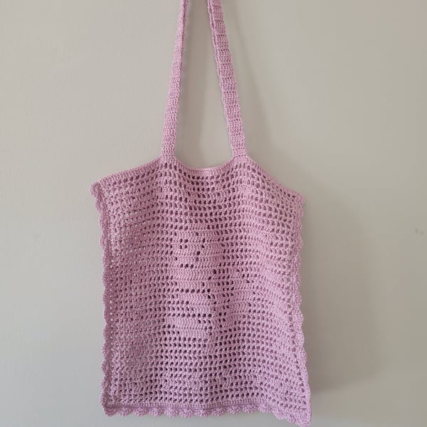 Hand–Crocheted Net Tote Bag with Rose Motif