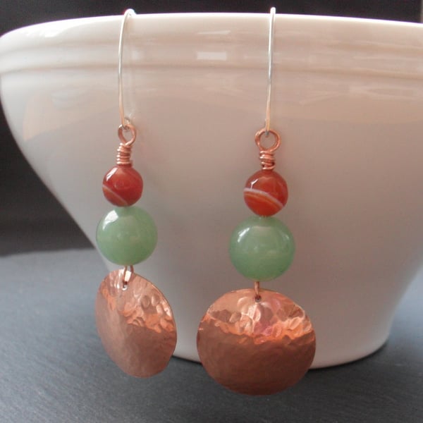 Copper ,Green Aventurine and Agate Drop Earrings