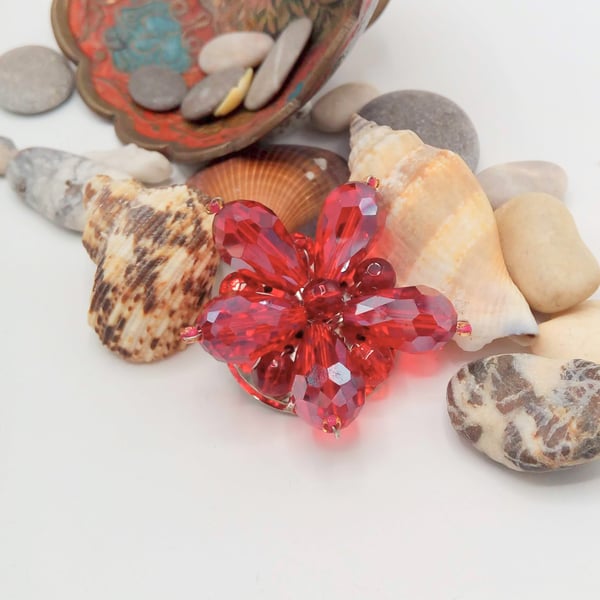 Red Crystal Floral Brooch, Red Flower Brooch, Gift for Her, Crystal Brooch