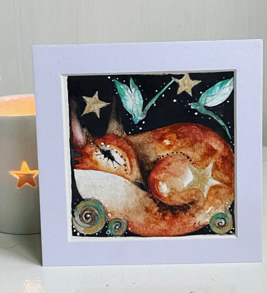 Original Resting Fox with Dragonflies Watercolour