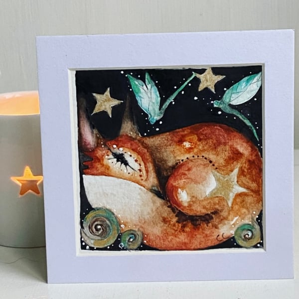 Original Resting Fox with Dragonflies Watercolour