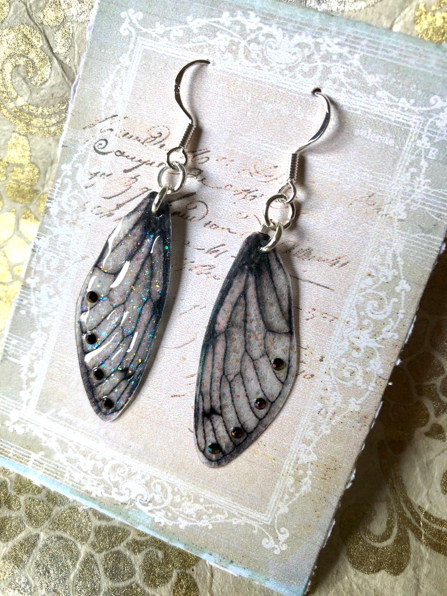 Black Veined Swarovski Crystal Fairy Wing Sterling Silver Earrings