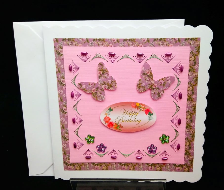Cards, Birthday Card Butterfly, Embroidered with Beads 