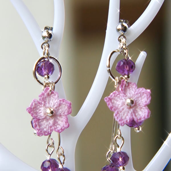 Microcrochet Purple Flowers Earrings 