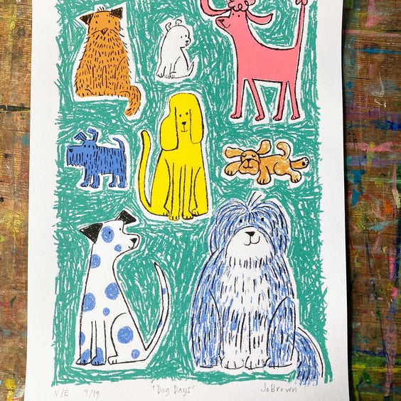 Colourful Dog Screen Print- turquoise-unframed-by Jo Brown