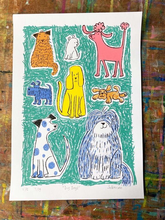 Colourful Dog Screen Print- turquoise-unframed-by Jo Brown