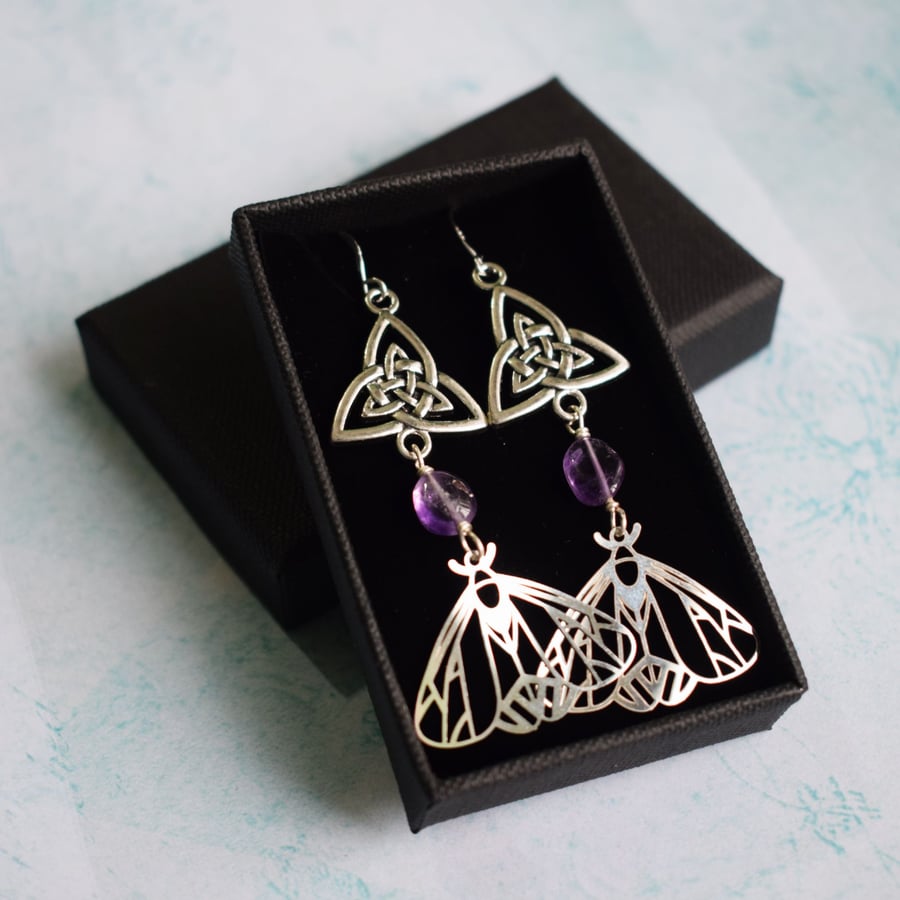 Moth Earrings with Triquetras and Amethyst Beads