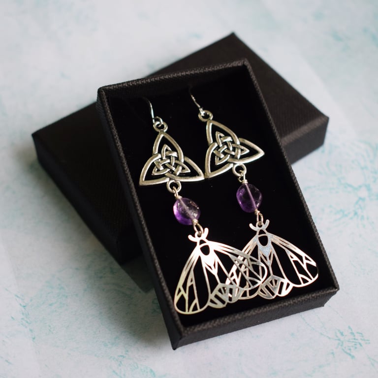 Moth Earrings with Triquetras and Amethyst Beads