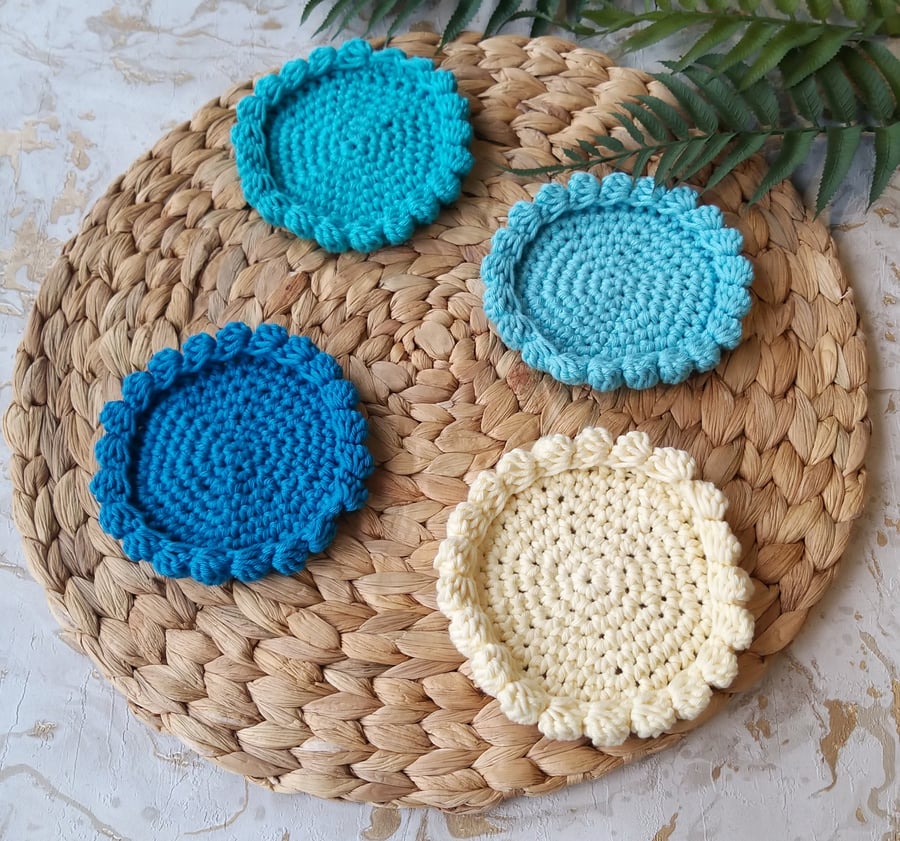  Sale Crochet Coasters Set of 4 Organic Cotton Turquoise Shades