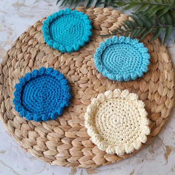  Sale Crochet Coasters Set of 4 Organic Cotton Turquoise Shades