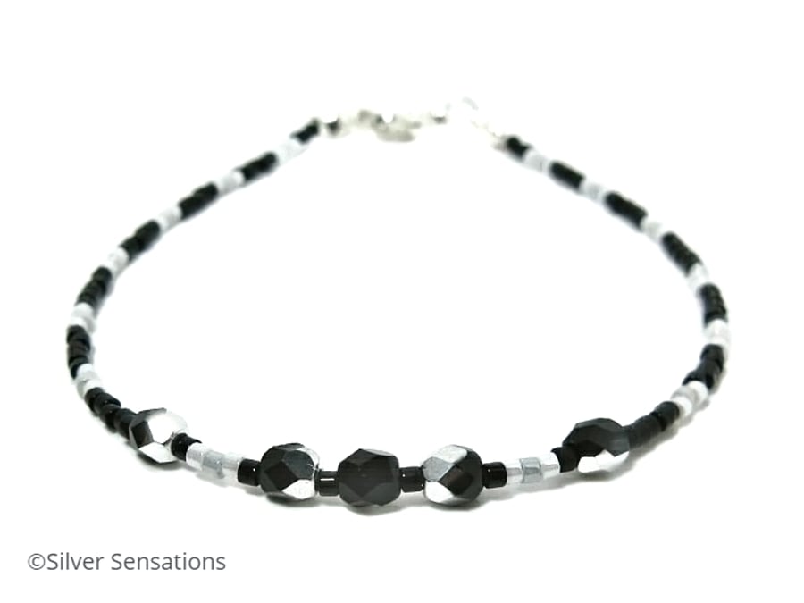 Dainty Black & White Seed Bead Friendship Bracelet - Bohochic Gift 6.5" - 8.5"