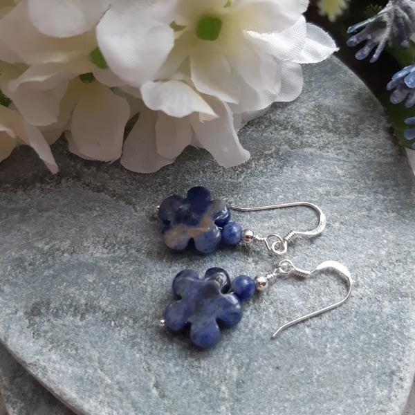 Sterling Silver Sodalite Flower Drop Earrings