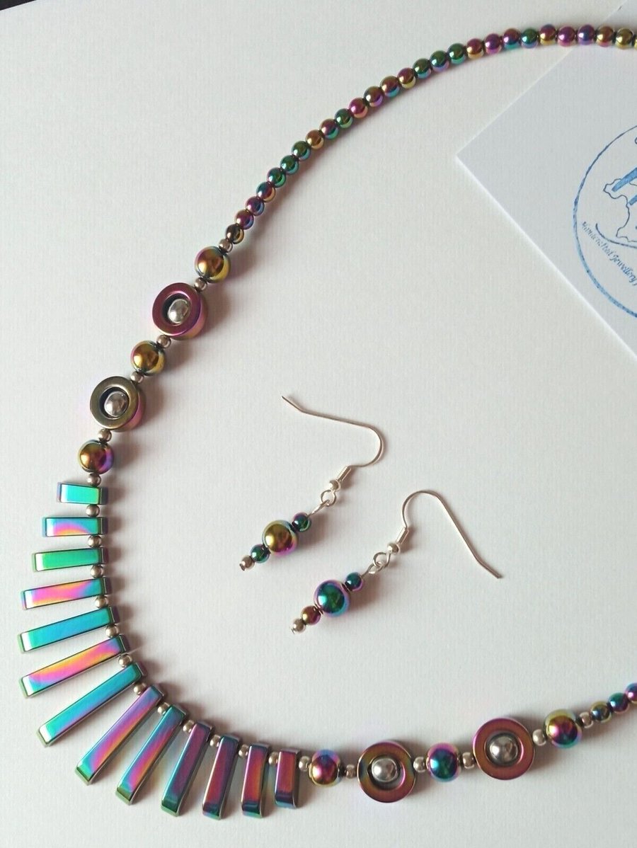 Rainbow Hematite Necklace Earrings Gift Set Metallic Gay Pride Jewelry LGBTQ