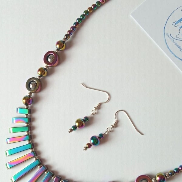 Gay Pride LGBT Metallic Rainbow Hematite Tapered Necklace & Earrings Gift Set