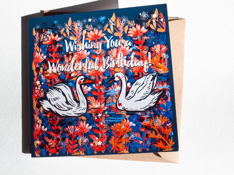 Swans Birthday Card - Illustrated Card - Blank - Illustration - Gift