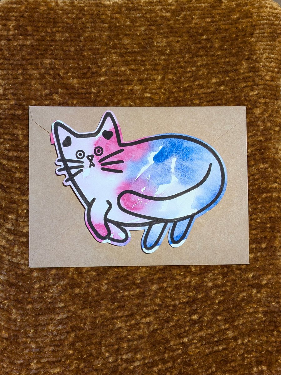 Cat card hand painted watercolour shaped greeting card blue and pink