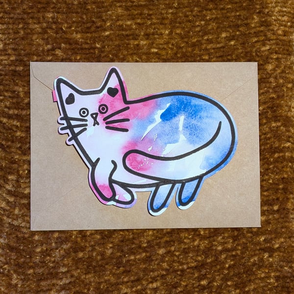 Cat card hand painted watercolour shaped greeting card blue and pink