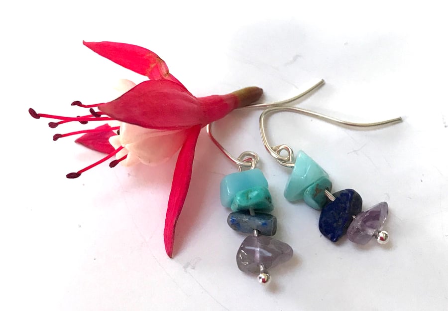 Sterling Silver Amethyst, Sodalite, Turquenite and Amazonite Earrings
