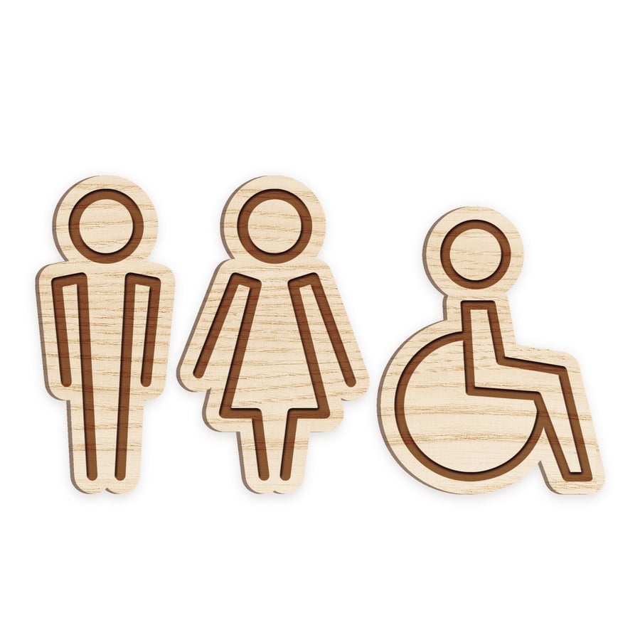 Wooden Toilet Icons Set - Wooden Restroom Signs, Men, Women, and Disabled Toilet
