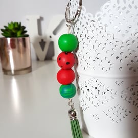 "Sugar Free" Geometric modern round beaded Keyring - Red Watermelon