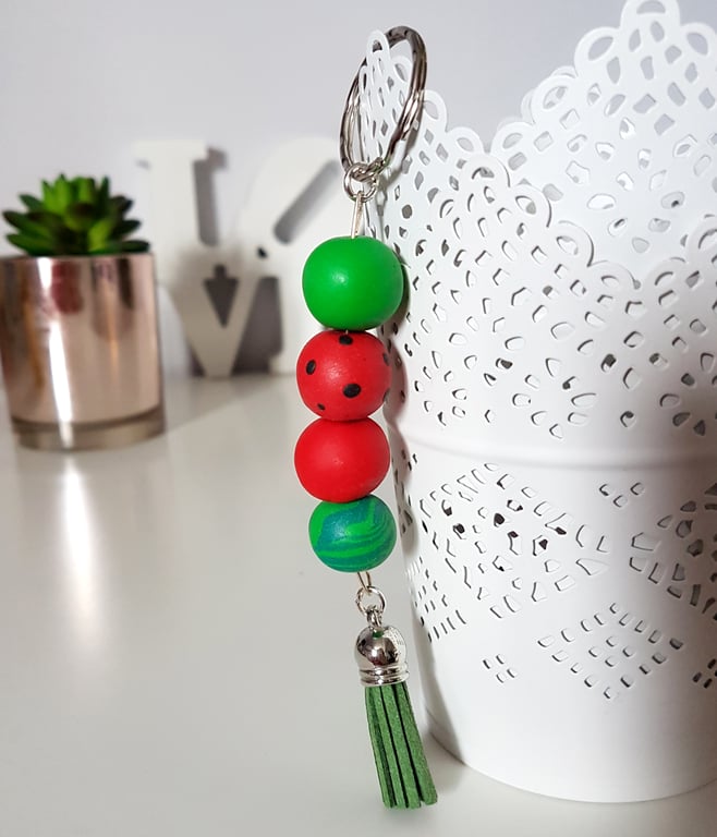 "Sugar Free" Geometric modern round beaded Keyring - Red Watermelon